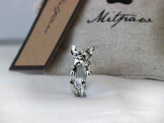 Adjustable Antique Silver French Bulldog Ring.
