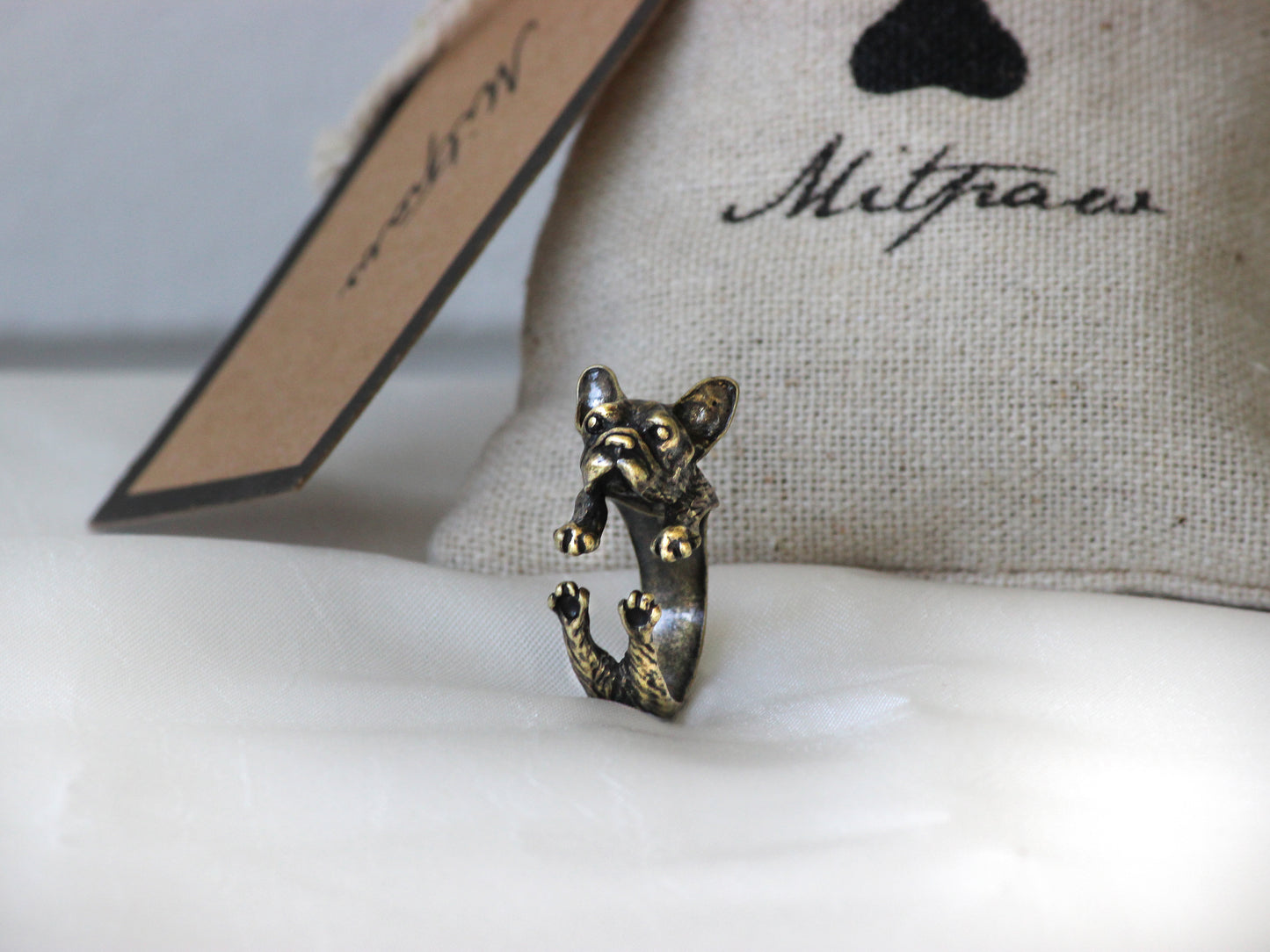 Adjustable Antique Bronze French Bulldog Ring.