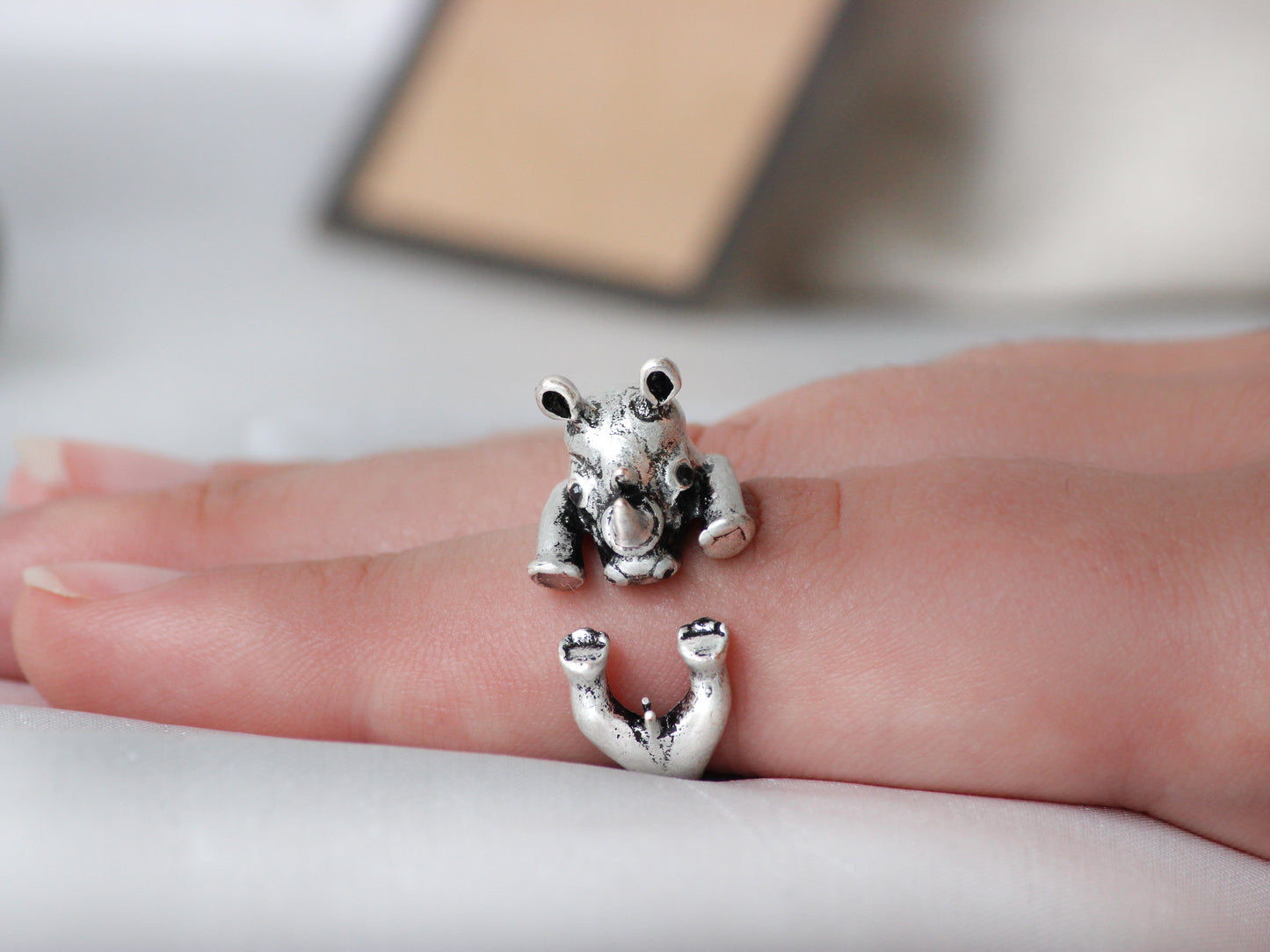 Adjustable Antique Silver Rhino Ring.