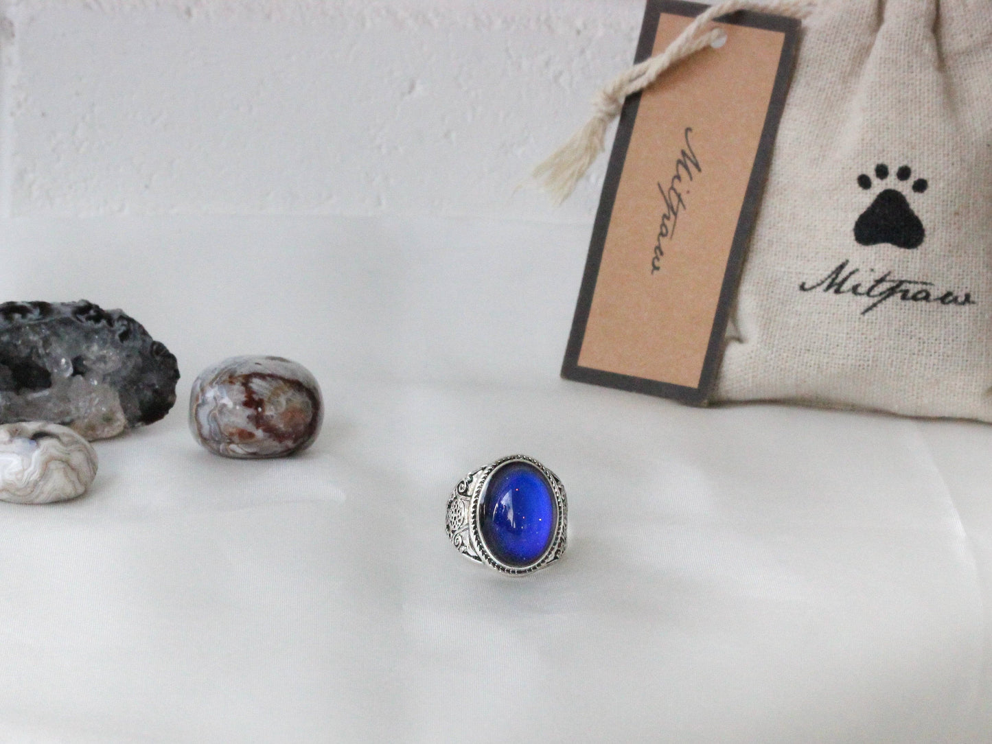 Antique Silver Plating Spiritual Oval Stone Mood Ring.