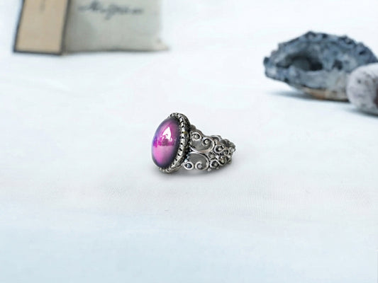 Antique Silver Plating Floral Oval Stone Mood Ring