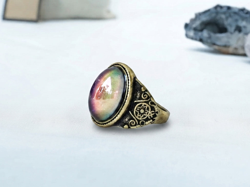 Antique Gold Plating Spiritual Oval Stone Mood Ring