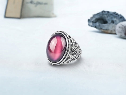 Antique Silver Plating Spiritual Oval Stone Mood Ring