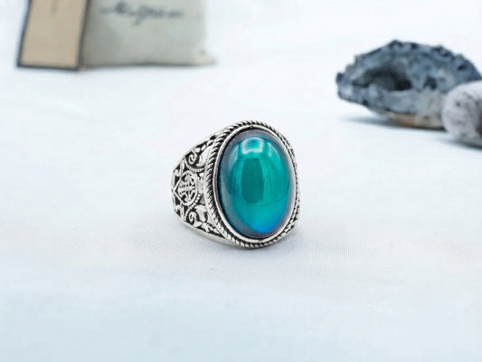 Antique Silver Plating Spiritual Oval Stone Mood Ring