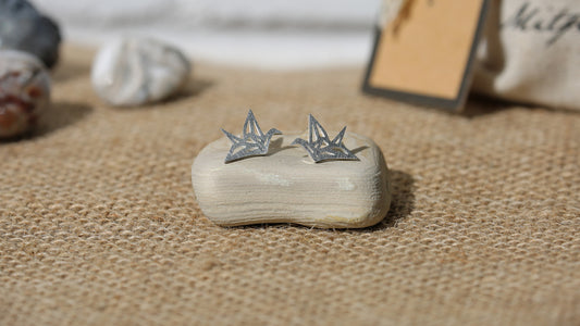 Pair of Stainless Steel Paper Crane Earrings + Canvas Gift Bag - Mitpaw