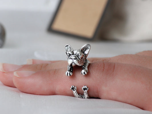 Adjustable Antique Silver French Bulldog Ring.