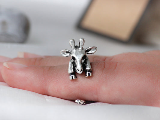 Adjustable Antique Silver Giraffe Ring.